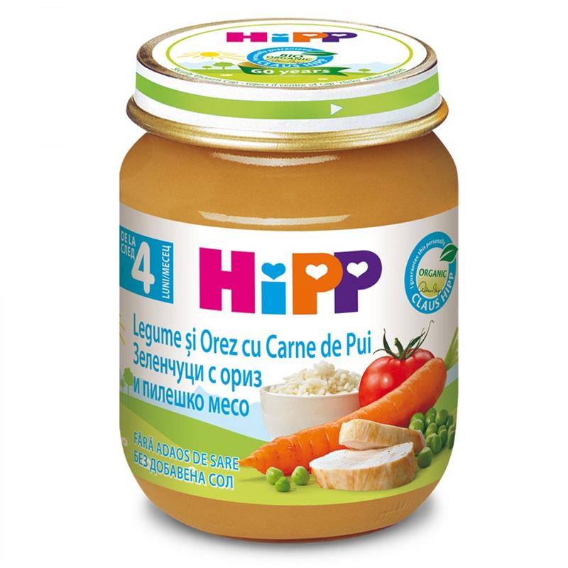 Hipp Legume si Orez cu Carne de Pui BIO de la 4 luni 125 gr